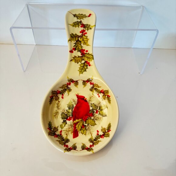 Cracker Barrel Plaid Tidings Cardinal Spoon Rest Stoneware Decorative Collection - Picture 2 of 7